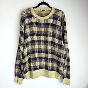 Vintage Missoni Mens Large Plaid Check Knit Sweater Made in Italy Purple Yellow